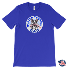 Load image into Gallery viewer, a men&#39;s royal blue tee featuring the original Boston Terrier dog dad design on the front by OMG You&#39;re Home!