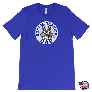 a men's royal blue tee featuring the original Boston Terrier dog dad design on the front by OMG You're Home!