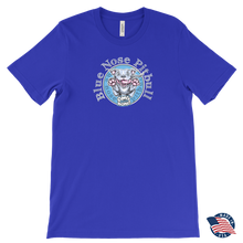 Load image into Gallery viewer, front view of a roayl blue men&#39;s tshirt  featuring the OMG blue nose pitbull  design on the front