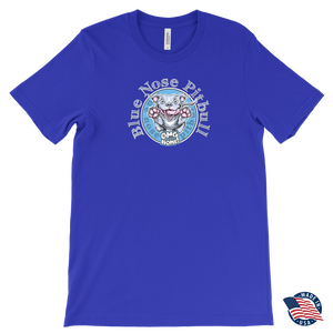 front view of a roayl blue men's tshirt  featuring the OMG blue nose pitbull  design on the front