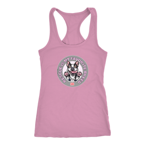 A soft pink Next Level Racerback Tank featuring the OMG You're Home! Boston Terrier design with "Rescue is my favorite breed"