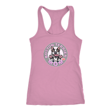 Load image into Gallery viewer, A soft light pink Next Level Racerback Tank featuring the OMG You&#39;re Home Boston Terrier Dog Mom design on the front in full vibrant color. 