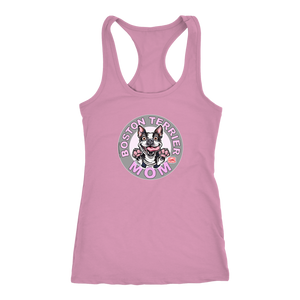 A soft light pink Next Level Racerback Tank featuring the OMG You're Home Boston Terrier Dog Mom design on the front in full vibrant color. 