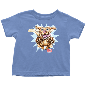 a light blue OMG You're Home toddler t-shirt featuring the original Yellow Labrador Retriever dog design on the front in full color