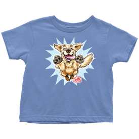 a light blue toddler's t-shirt featuring the original happy and excited Golden Retriever on the front
