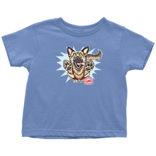 Load image into Gallery viewer, front view of a light blue t-shirt featuring the OMG You&#39;re Home German Shepherd dog design