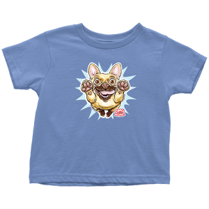 a toddler's blue t-shirt with the original OMG You're Home Fawn Frenchie dog design on the front in full color