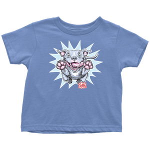 a toddler's blue t-shirt with the Blue Nose Pit Bull design by OMG You're Home on the front in full vibrant color