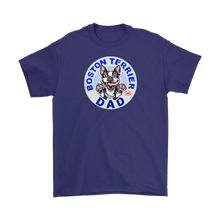 Load image into Gallery viewer, a men&#39;s blue t-shirt featuring the Boston Terrier dog dad design on the front