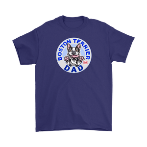 a men's blue t-shirt featuring the Boston Terrier dog dad design on the front