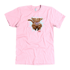 front view of a men's pink t-shirt with the OMG You're Home Chocolate Labrador Retriever dog design in full color