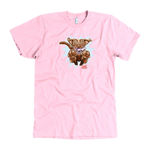 front view of a men's pink t-shirt with the OMG You're Home Chocolate Labrador Retriever dog design in full color