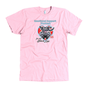 a  pink OMG You're Home t-shirt featuring the Emotional Support Human for my Black Labrador Retriever design on the front in full color