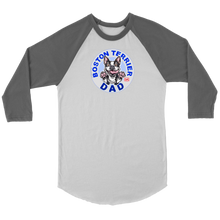 Load image into Gallery viewer, a grey and white 3/4 sleeve jersey with the OMG You&#39;re Home! Boston Terrier dog Dad design on the front 