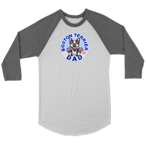 a grey and white 3/4 sleeve jersey with the OMG You're Home! Boston Terrier dog Dad design on the front 