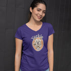 Smiling woman wearing excited Yorkie dog v-neck shirt