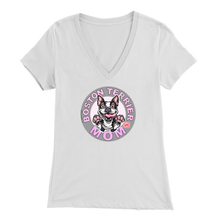 Load image into Gallery viewer, a woman&#39;s white v-neck shirt with the OMG You&#39;re Home! Boston Terrier dog Mom design on the front in pink letters