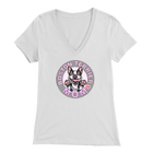 a woman's white v-neck shirt with the OMG You're Home! Boston Terrier dog Mom design on the front in pink letters