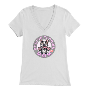 a woman's white v-neck shirt with the OMG You're Home! Boston Terrier dog Mom design on the front in pink letters