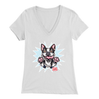 a womens white v-neck shirt with the Boston Terrier dog design by OMG You're Home! on the front