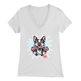 a womens white v-neck shirt with the Boston Terrier dog design by OMG You're Home! on the front