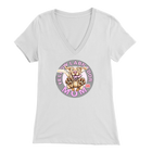 a women's white v-neck shirt with the OMG You're Home! Yellow Labrador dog mom design on the front