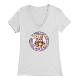 a women's white v-neck shirt with the OMG You're Home! Yellow Labrador dog mom design on the front