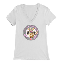 Load image into Gallery viewer, a womens white v-neck shirt featuring the original Golden Retriever dog artwork by OMG You&#39;re Home!