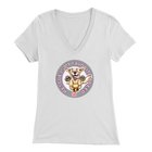 a womens white v-neck shirt featuring the original Golden Retriever dog artwork by OMG You're Home!