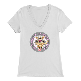 a womens white v-neck shirt featuring the original Golden Retriever dog artwork by OMG You're Home!