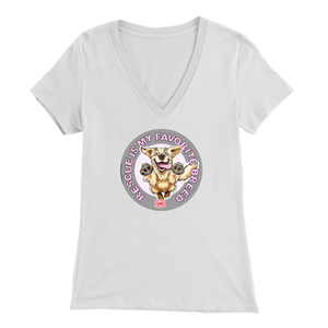 a womens white v-neck shirt featuring the original Golden Retriever dog artwork by OMG You're Home!