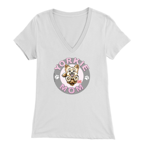 a women's white v-neck shirt with the OMG You're Home! Yorkie dog mom design on the front