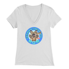 Load image into Gallery viewer, a women&#39;s white v neck shirt with the OMG You&#39;re Home! German Shepherd dog mom design on the front