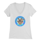 a women's white v neck shirt with the OMG You're Home! German Shepherd dog mom design on the front