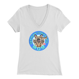 a women's white v neck shirt with the OMG You're Home! German Shepherd dog mom design on the front