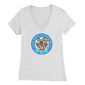 a women's white v neck shirt with the OMG You're Home! German Shepherd dog mom design on the front