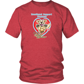 a men's red t-shirt by District featuring the original Golden Retriever artwork by OMG You're Home!