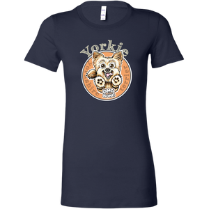 a womans blue tshirt with a yorkshire terrier dog drawing on the front