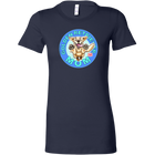A women's navy blue t-shirt featuring the OMG You're Home! Golden Retriever artwork 