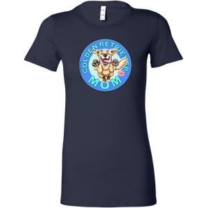 A women's navy blue t-shirt featuring the OMG You're Home! Golden Retriever artwork 