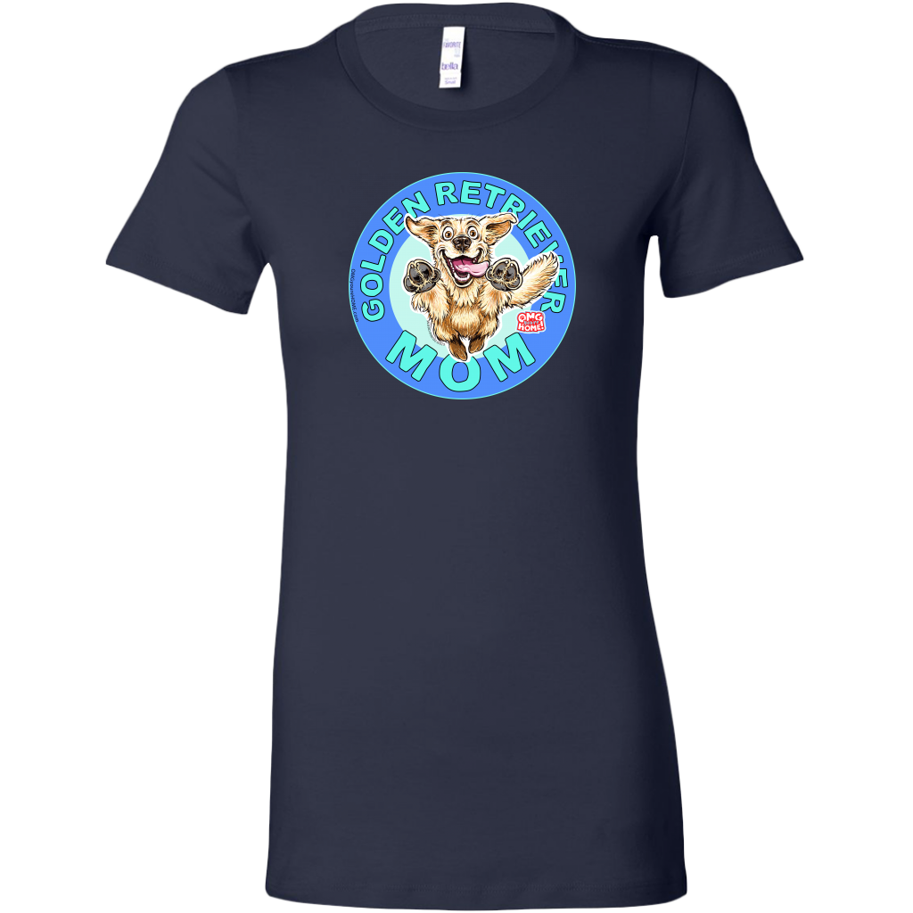 A women's navy blue t-shirt featuring the OMG You're Home! Golden Retriever artwork 