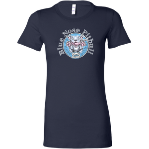 a women's blue shirt with the Blue Nose pitbull design on the front