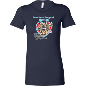 a womens navy blue  shirt featuring the original German Shepherd dog artwork by OMG You're HOME! The text "Emotional Support Human" appears above the design in light blue letters. 