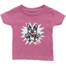 Load image into Gallery viewer, front view of a toddler&#39;s dark pink OMG You&#39;re Home t-shirt with the Boston Terrier dog design  in full color