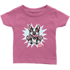 front view of a toddler's dark pink OMG You're Home t-shirt with the Boston Terrier dog design  in full color