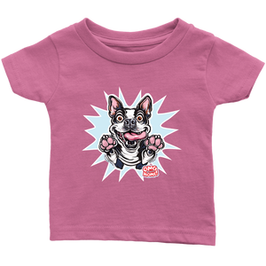 front view of a toddler's dark pink OMG You're Home t-shirt with the Boston Terrier dog design  in full color