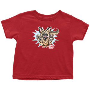 front view of a red toddler t-shirt featuring the OMG You're Home German Shepherd dog design