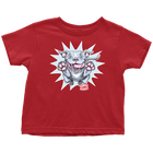 a toddler's red t-shirt with the Blue Nose Pit Bull design by OMG You're Home on the front in full vibrant color