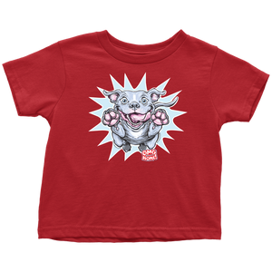 a toddler's red t-shirt with the Blue Nose Pit Bull design by OMG You're Home on the front in full vibrant color