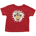 a toddler's red t-shirt featuring the original happy and excited Golden Retriever on the front